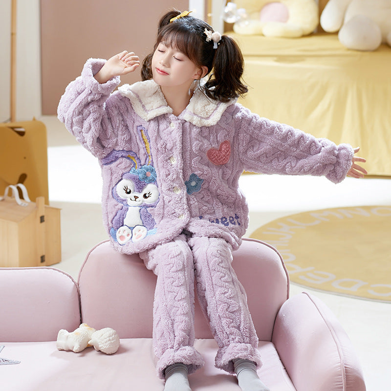 Kid Girls Flannel Thickened Coral Velvet Autumn Winter Pajamas Suits