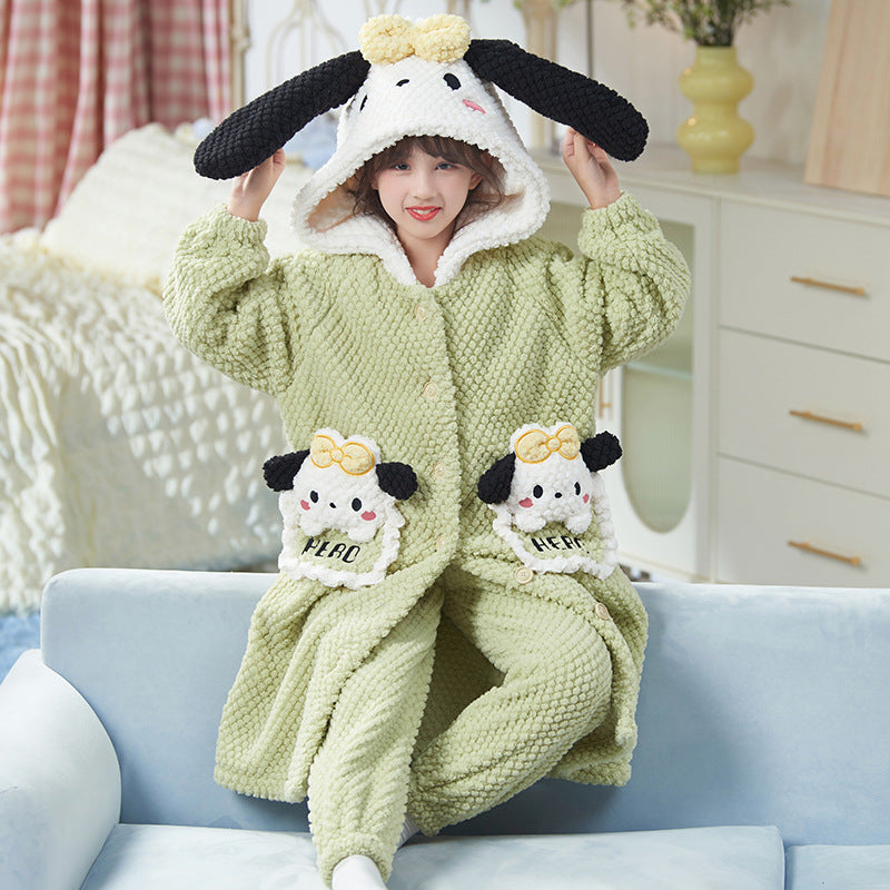 Kid Girls Flannel Thickened Coral Velvet Autumn Winter Pajamas Suits