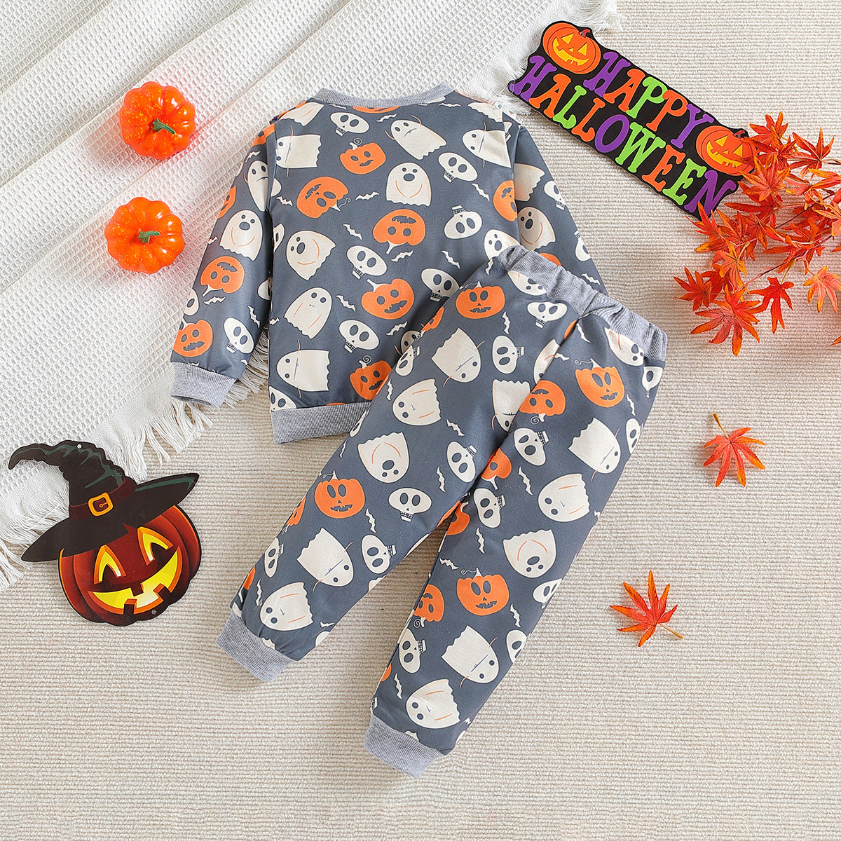 Halloween Kid Baby Boy Pumpkin Print Long Sleeve 2 Pcs Set