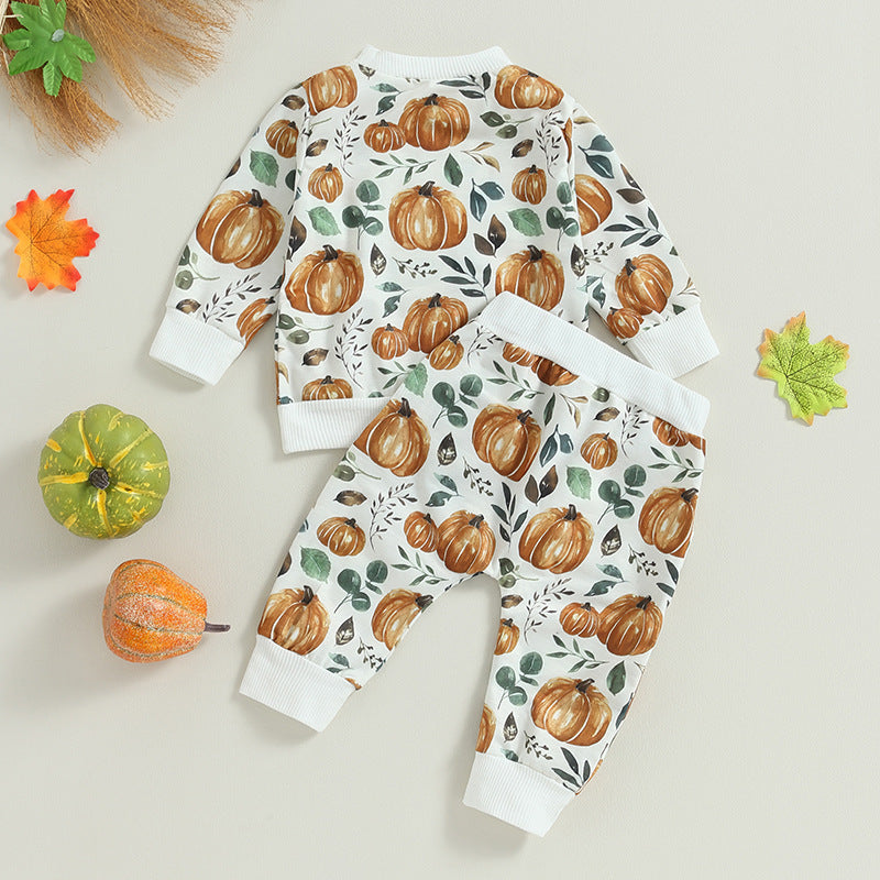 Kid  Baby Boy Crewneck Pumpkin Long Sleeve 2 Pcs Sets