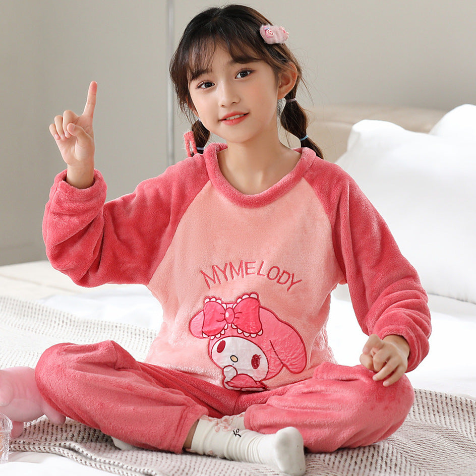 Kid Baby Girls Home Flannel Pajamas Cartoon Velvet Suit