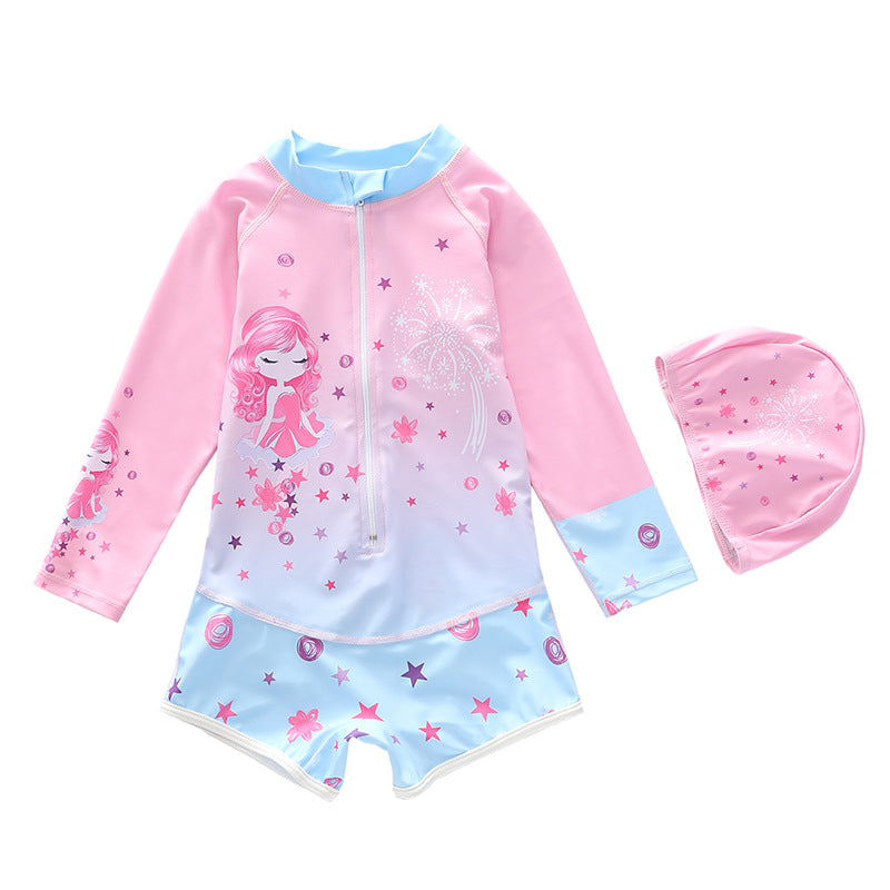 Kid Girl One-piece Cartoon Sun-proof Long-sleeved Swimsuit