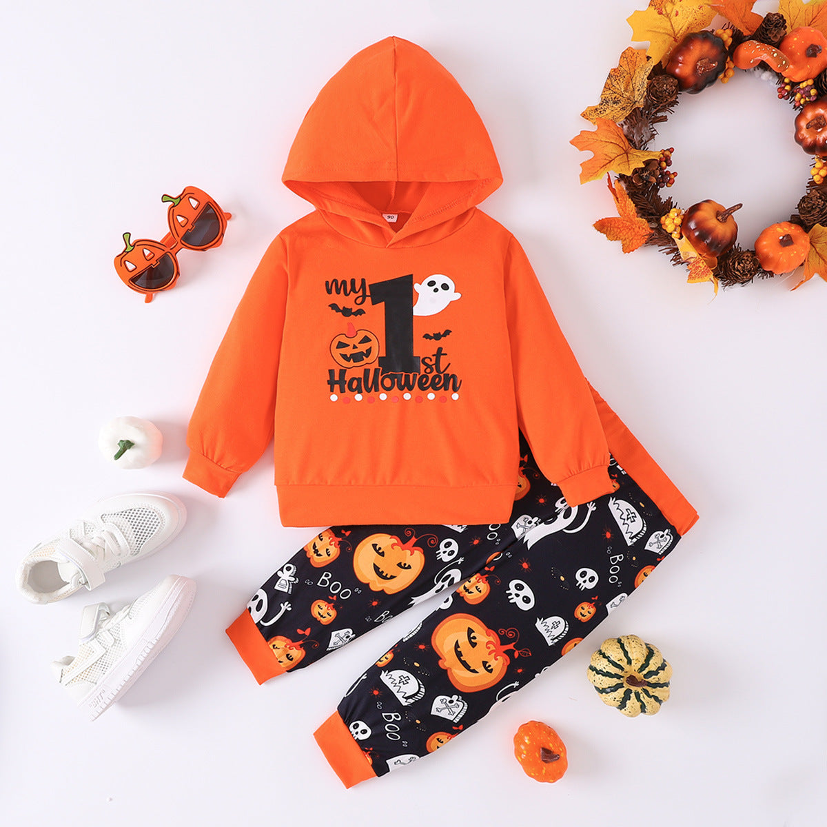 Halloween Kid Baby Boy Pumpkin Smiling Face Printed 2 Pcs Sets