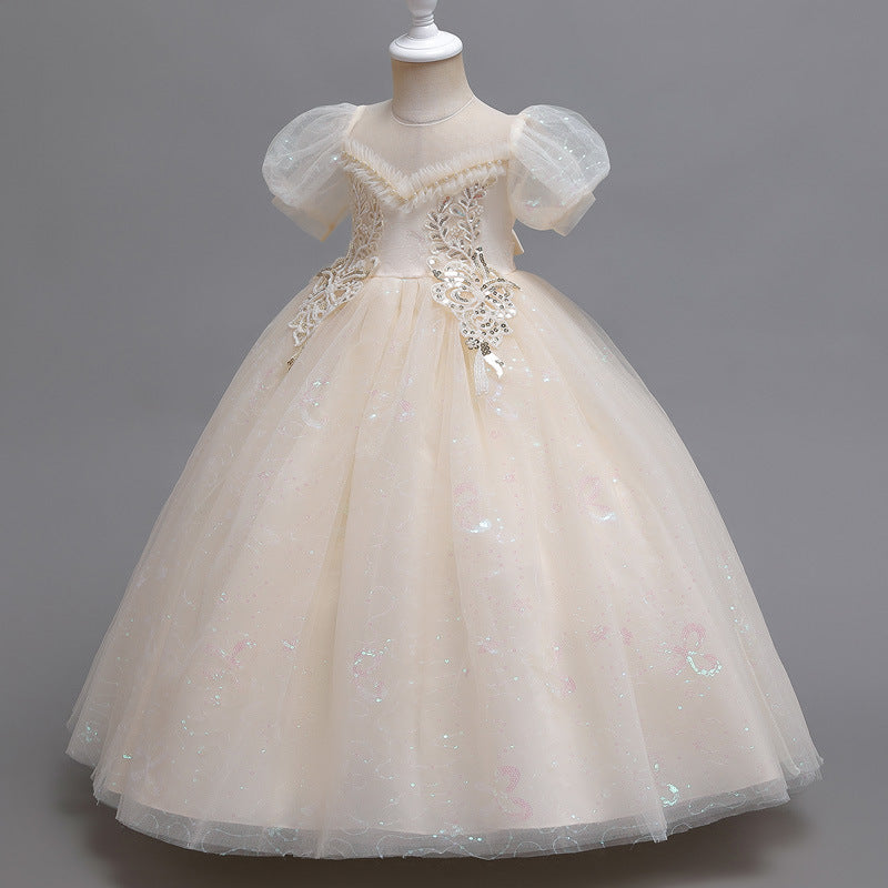Kid Girls Flower Puffy Wedding Piano Performance Dresses