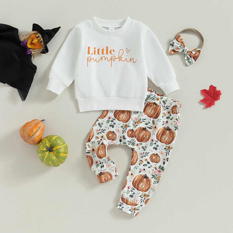Halloween Infant Toddler Girl Letter Long Sleeve Pumpkin Print 2 Pcs Sets