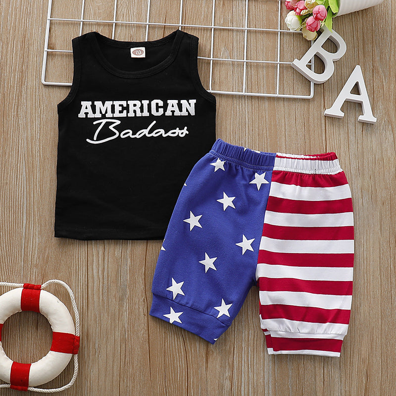 Independence Day Baby Boy Sleeveless Letter Print Star Print Sets 2 Pcs