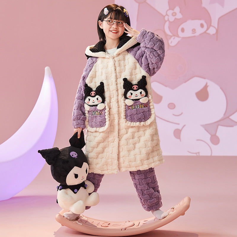 Kid Girls Flannel Thickened Coral Velvet Autumn Winter Pajamas Suits
