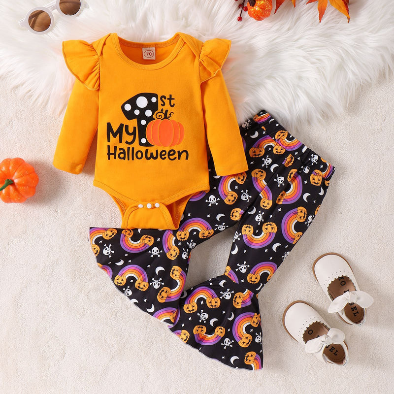 Baby Girls Halloween Print Letter Pumpkin Print Flared 2 Pcs Set
