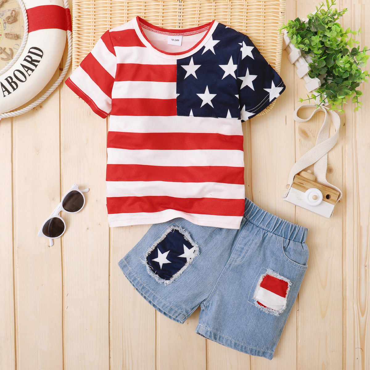 Kids Baby Boy Girl US Flag Denim Shorts July 4th Independence Day Set 2 Pcs