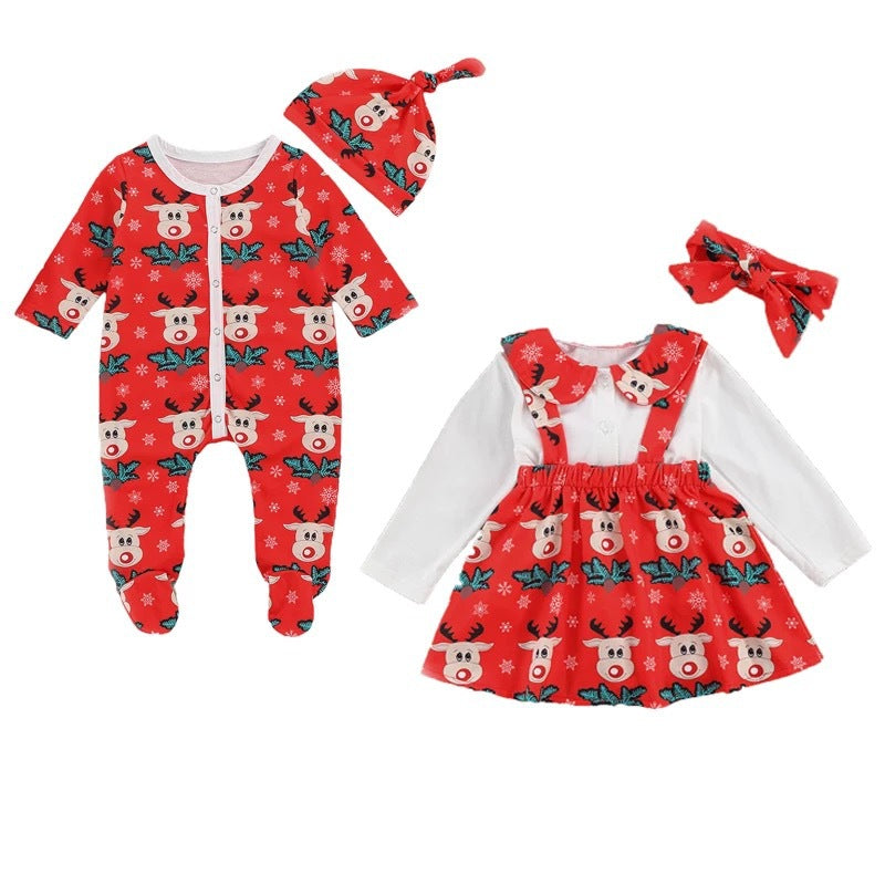 Baby Girl Boy Christmas Print Jumpsuit Rompers Dress 2 Pcs