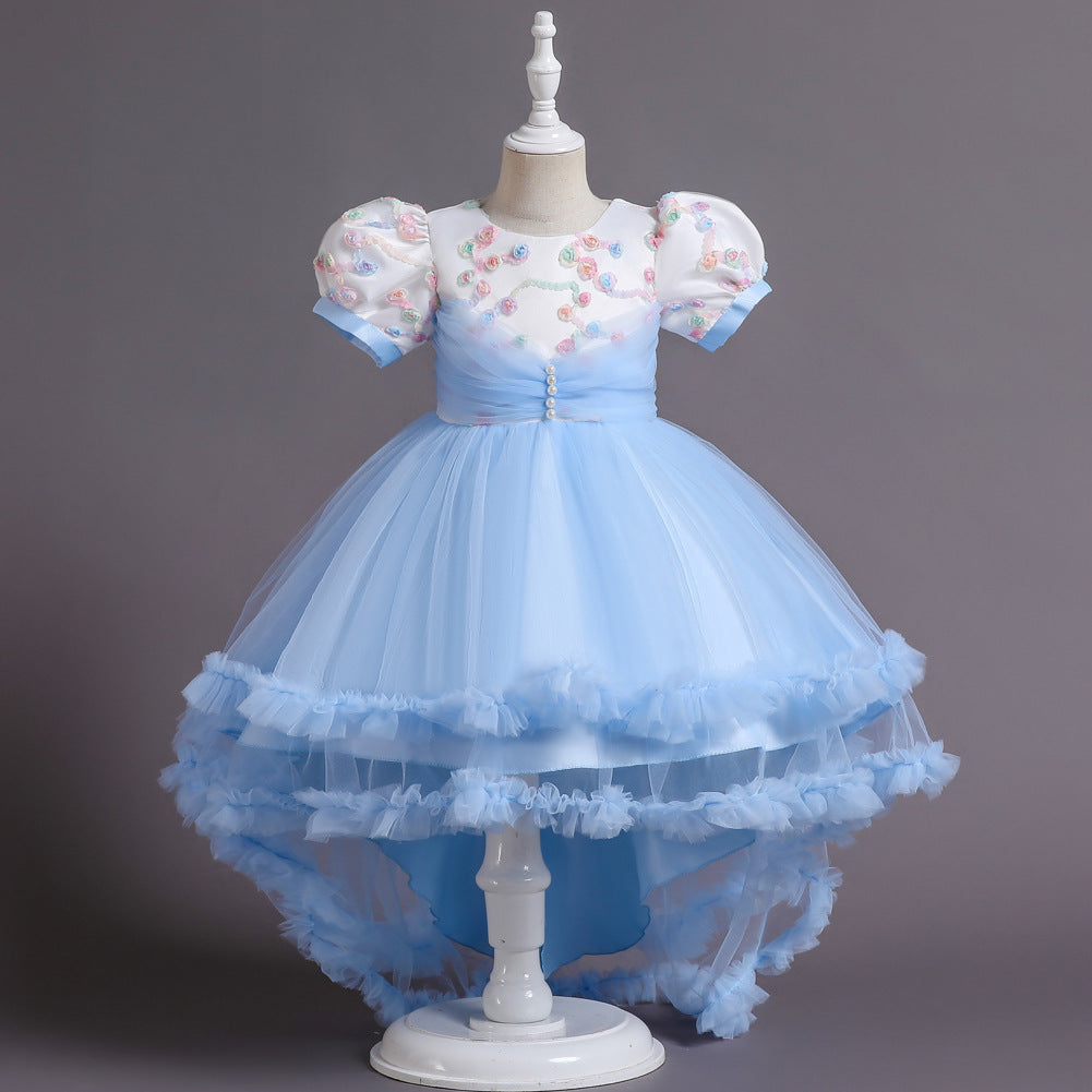 Kid Girl Princess Gauze Flowers Fluffy Short-sleeved Performance Dresses