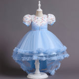 Kid Girl Princess Mesh Flower Fluffy Short Sleeved Trailing Performance Dresses