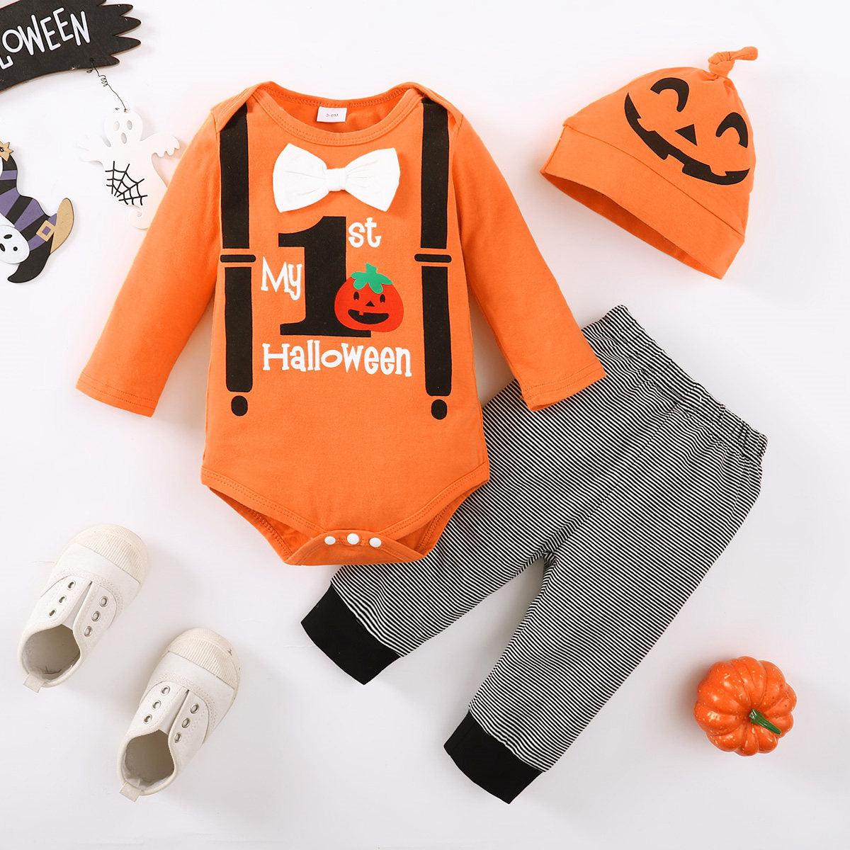 Halloween Baby Boys Preschool Printed Long Sleeve Pumpkin 3 Pcs Set
