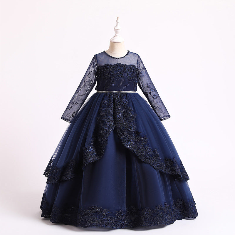 4-14T Kid Girls Lace Princess Handmade Beaded Long-sleeved Tutu Wedding Dresses