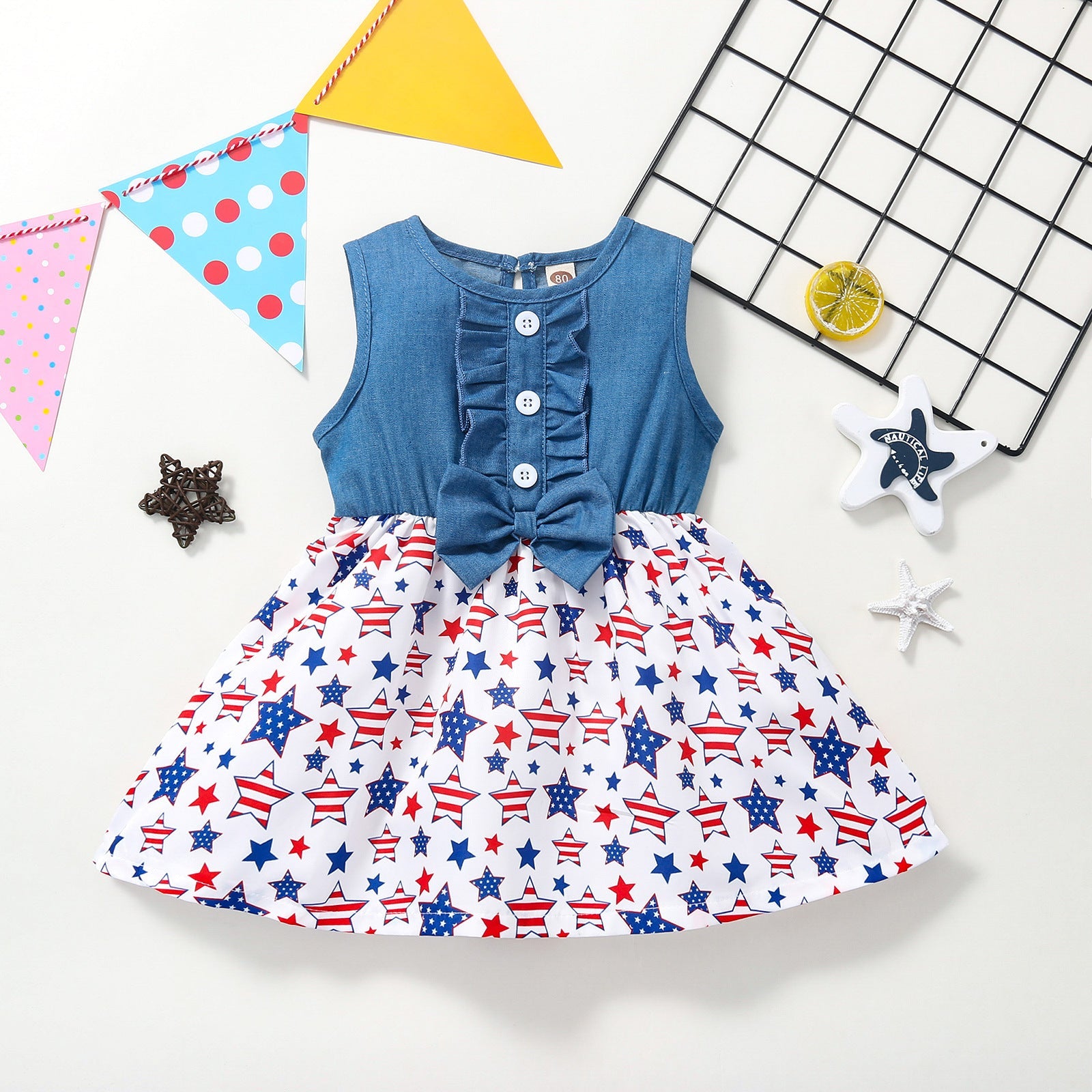 Baby Girl Denim Independence Day Stitching Star Striped Sleeveless Dress