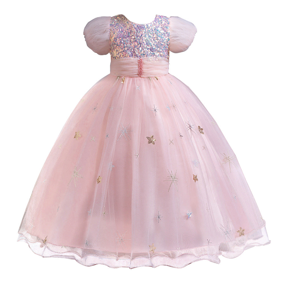 Kid Girl Long Piano Runway Performance Flower Short Sleeved Dresses