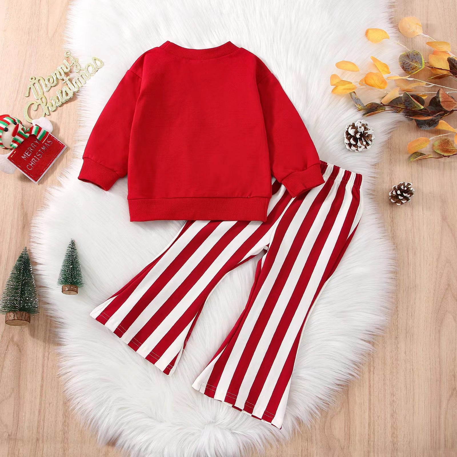 Kid Baby Girl Christmas Autumn Long Sleeve Letter Stripe Flare 2 Pcs Sets