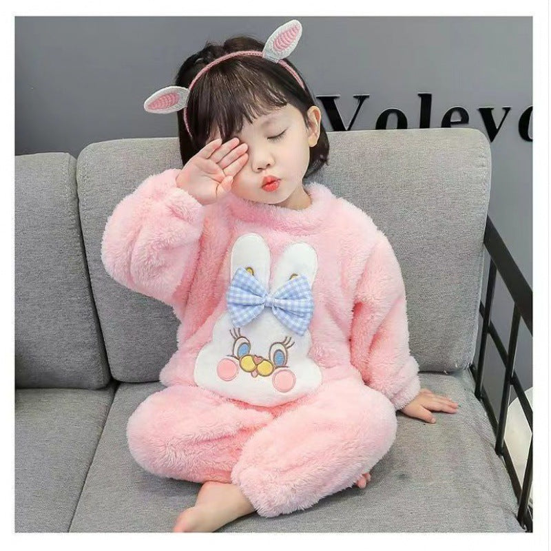 Kid Girl Autumn Winter Thickened Cute Coral Velvet Warm Flannel Pajamas