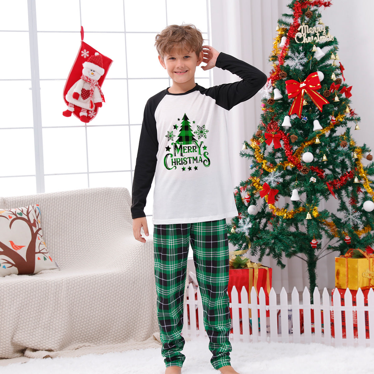 Family Matching Home Suit Christmas Plaid Patchwork Printed Pajamas