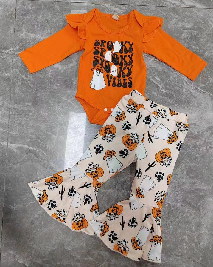Baby Girls Halloween Printed Letter Pumpkin 2 Pcs Sets