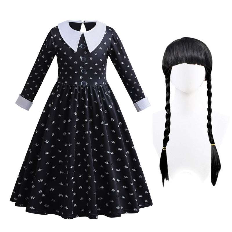 3-13T Girls Movie Wednesday Costume Black Gown Halloween Carnival Party Dresses
