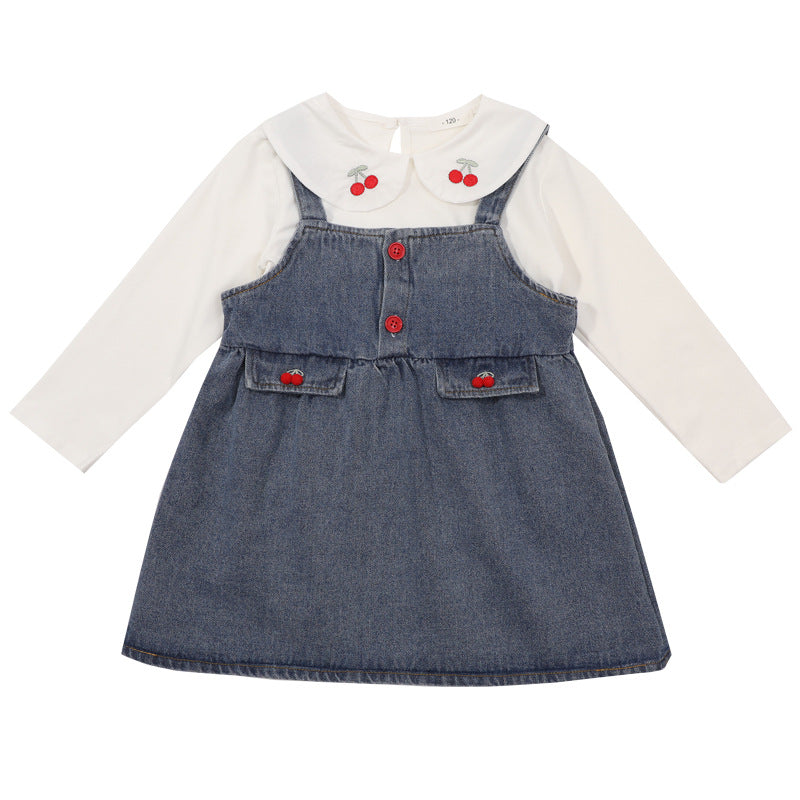Kid Baby Girls Cherry Cowboy Suspenders Casual 2 Pcs Sets