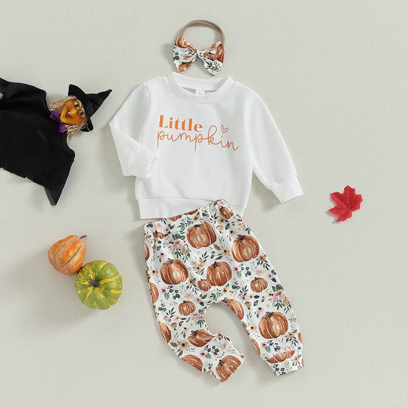 Halloween Infant Toddler Girl Letter Long Sleeve Pumpkin Print 2 Pcs Sets