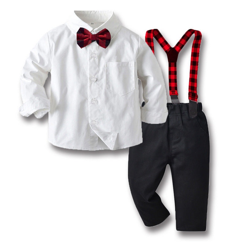Kid Baby Boy Suit Breasted Long-sleeved Suspenders 2 Pcs Sets