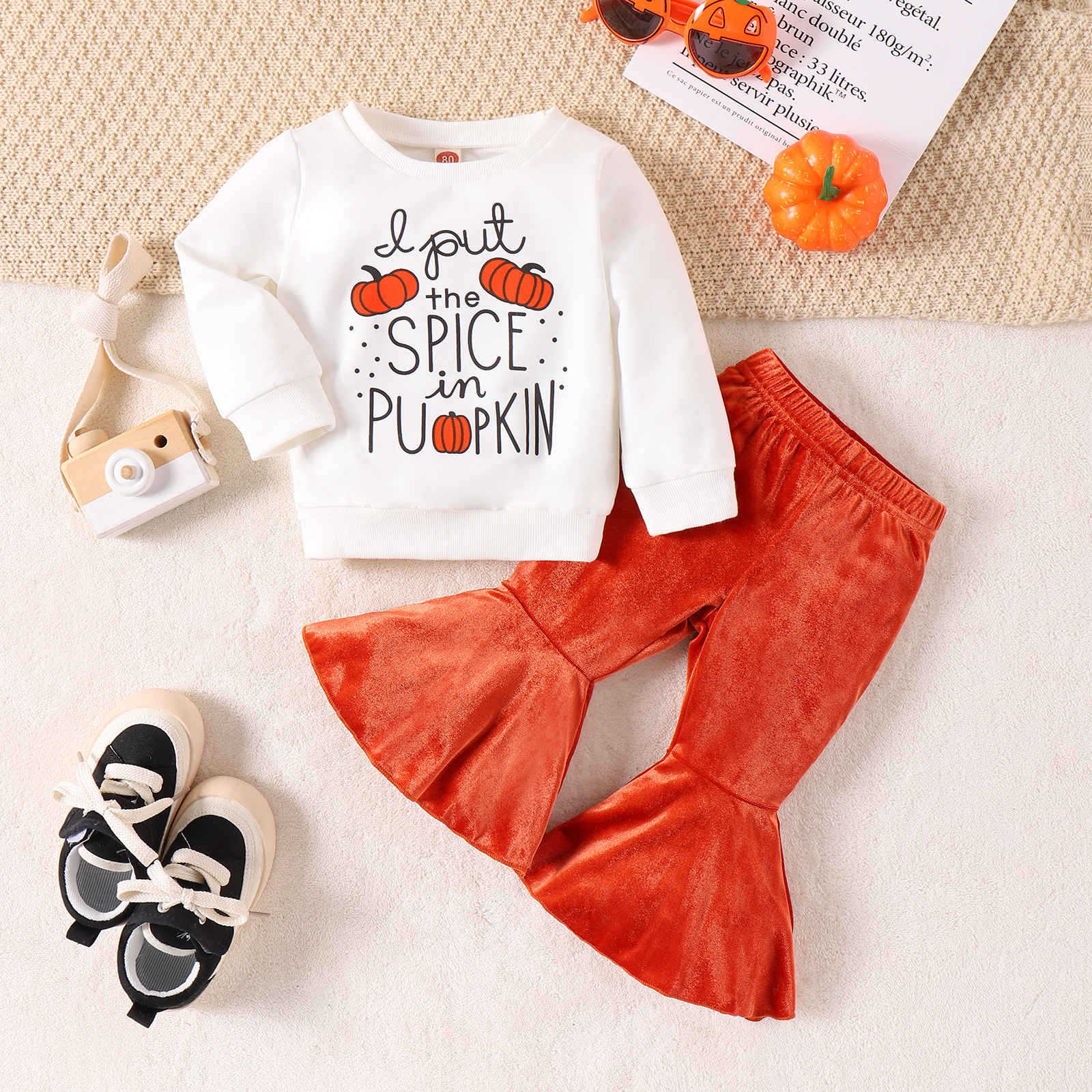 Halloween Pumpkin Letter Long Sleeve Velvet 2 Pcs Set