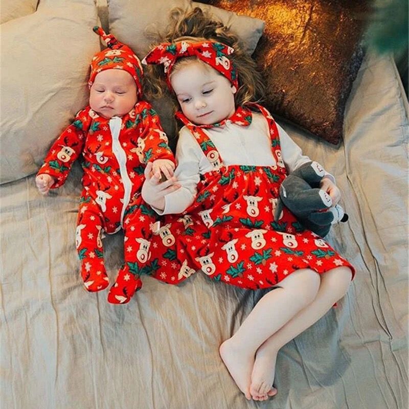 Baby Girl Boy Christmas Print Jumpsuit Rompers Dress 2 Pcs