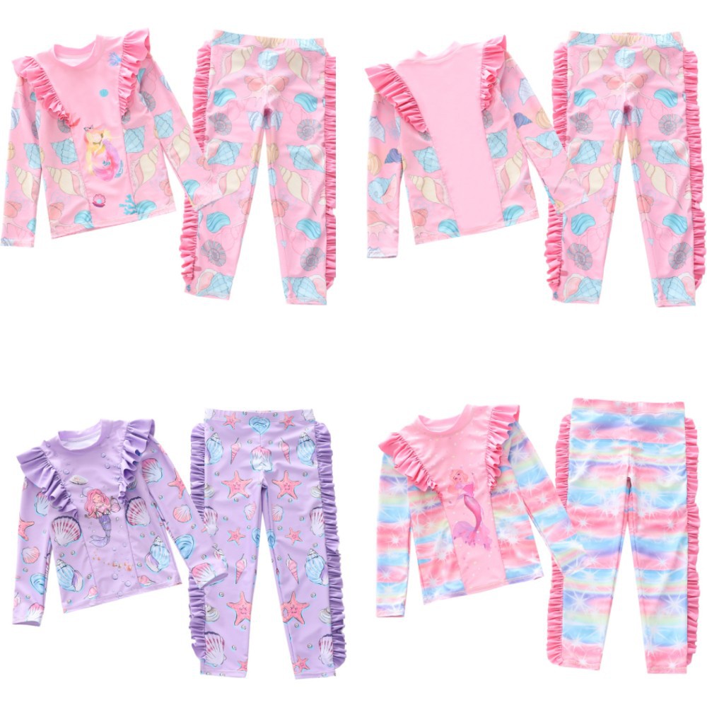 Kid Girl Long Sleeve Beach Ruffled Swimsuits Tops and Bottoms