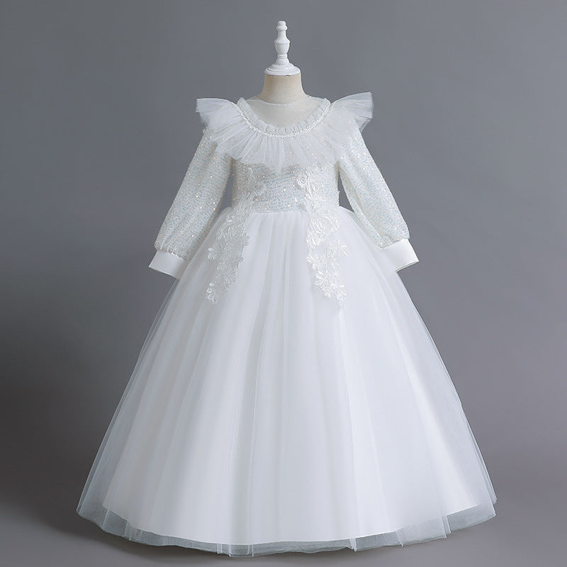 3-12T Kid Girl Long Sleeve Mesh Lace Walk Show Hosting Dress