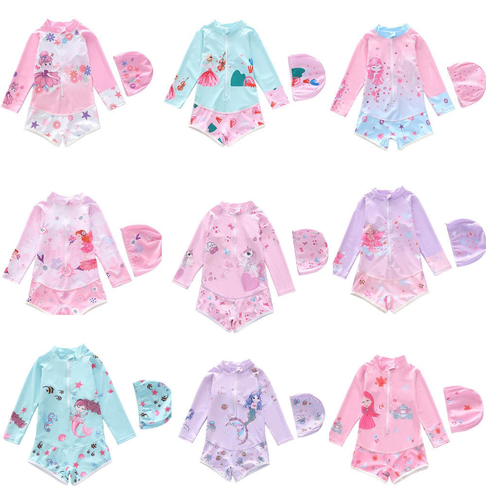 Kid Girl One-piece Cartoon Sun-proof Long-sleeved Swimsuit
