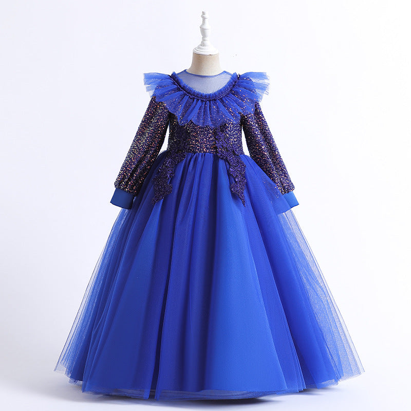 3-12T Kid Girl Long Sleeve Mesh Lace Walk Show Hosting Dress