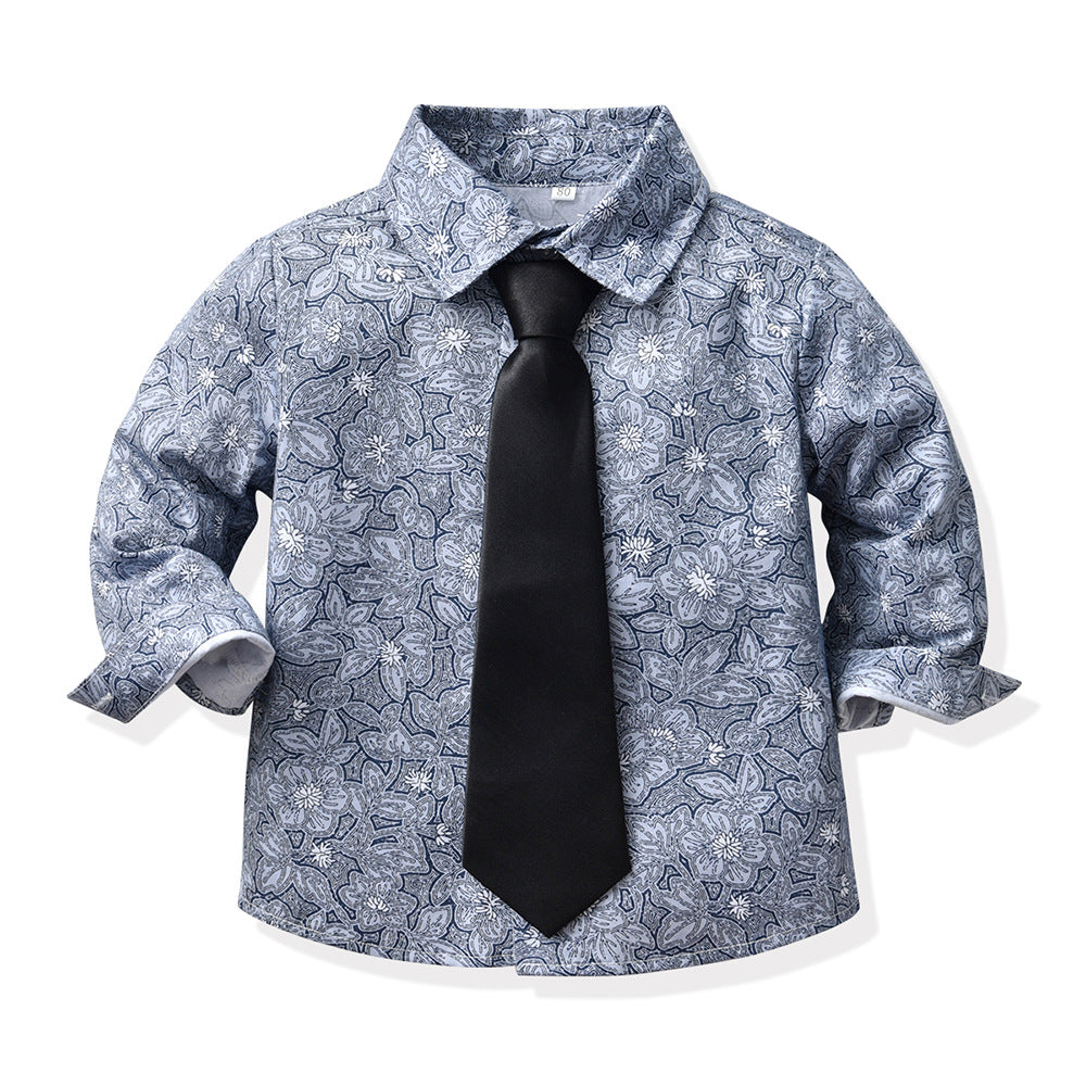 Kid Baby Boy Floral Long-sleeved Cotton Gentleman Suspenders 3 Pcs Sets