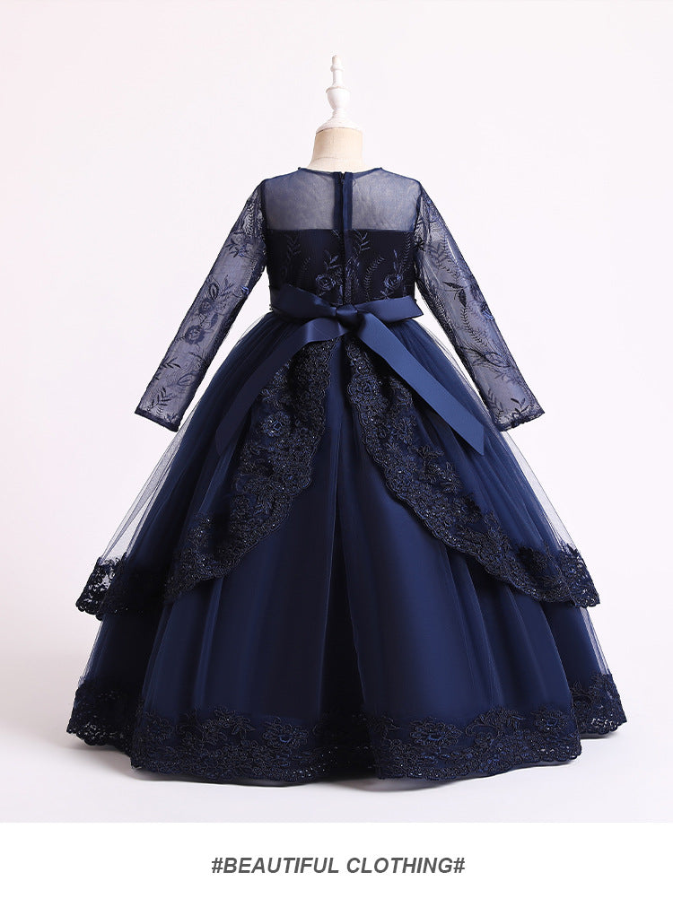 4-14T Kid Girls Lace Princess Handmade Beaded Long-sleeved Tutu Wedding Dresses