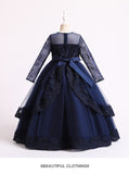 4-14T Kid Girls Lace Princess Handmade Beaded Long-sleeved Tutu Wedding Dresses