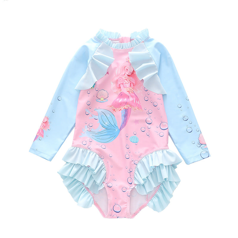 Kid Girl One Piece Long Sleeved Mermaid Ruffle Swimsuit
