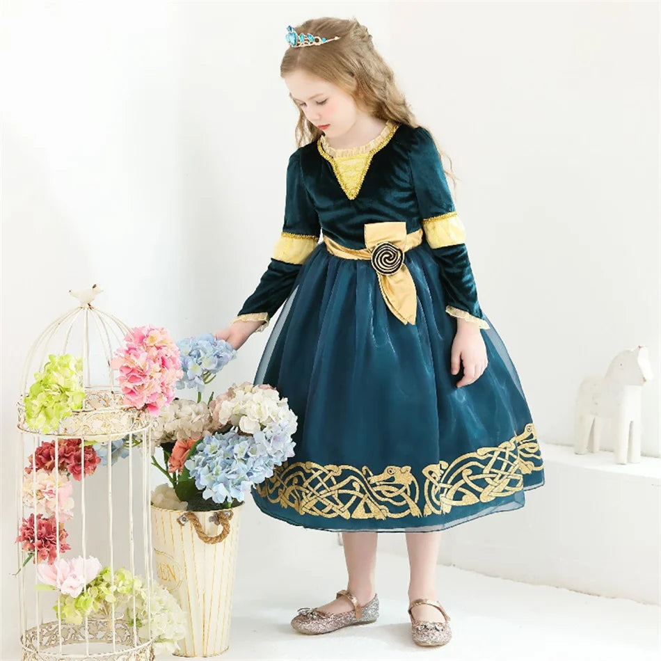 2-10Y Kid Girls Merida Cosplay Princess Stage Performance Dress