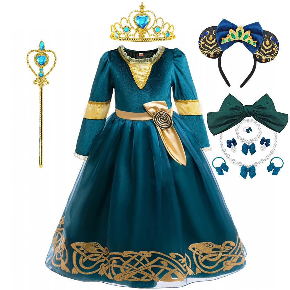 2-10Y Kid Girls Merida Cosplay Princess Stage Performance Dress