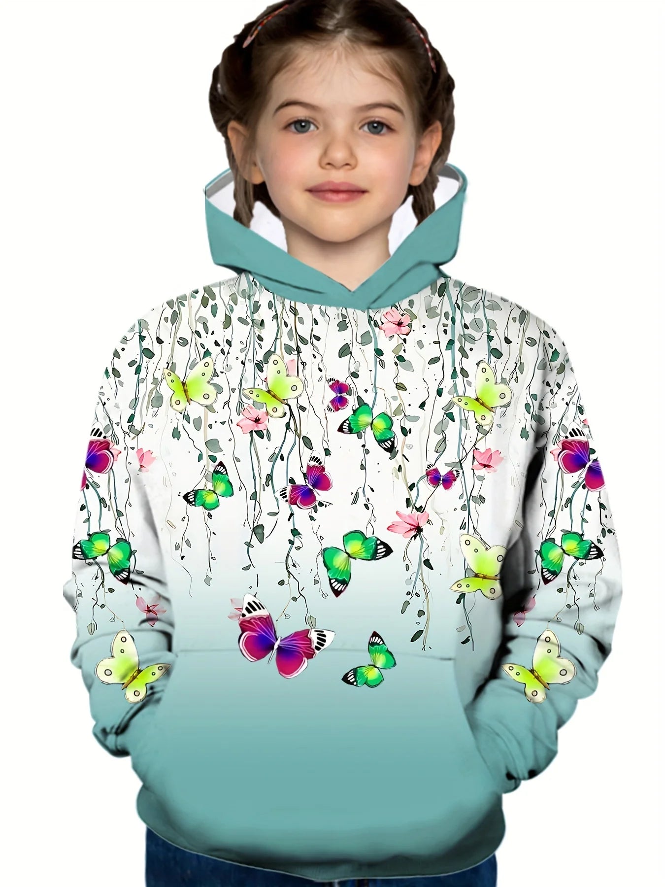 2-12Y Kids Girl Long Sleeve 3D Butterfly Print Hoodie