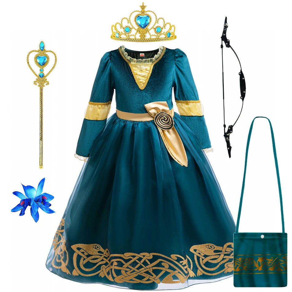 2-10Y Kid Girls Merida Cosplay Princess Stage Performance Dress