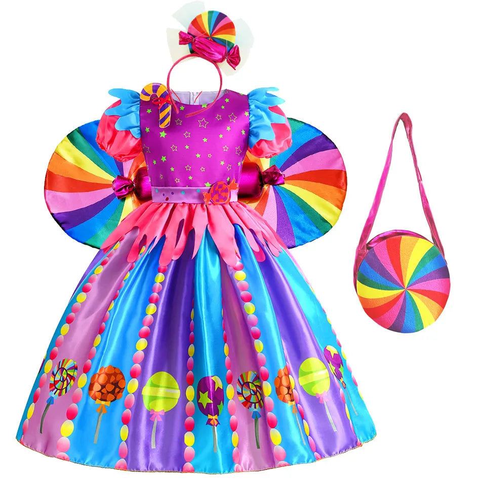 2-9Y Kid Baby Girl Rainbow Candy Costume Cosplay Lollipop Princess Dress