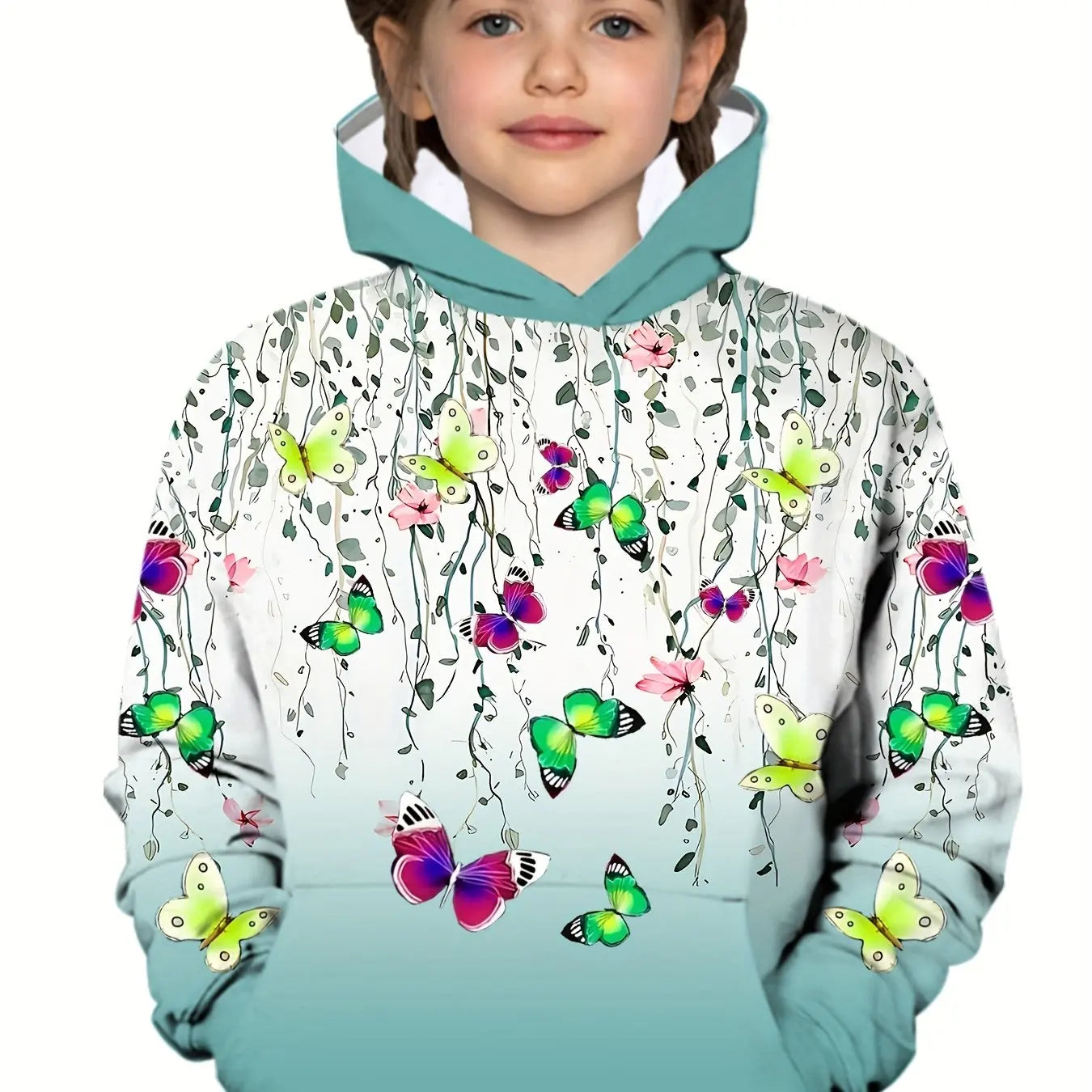 2-12Y Kids Girl Long Sleeve 3D Butterfly Print Hoodie