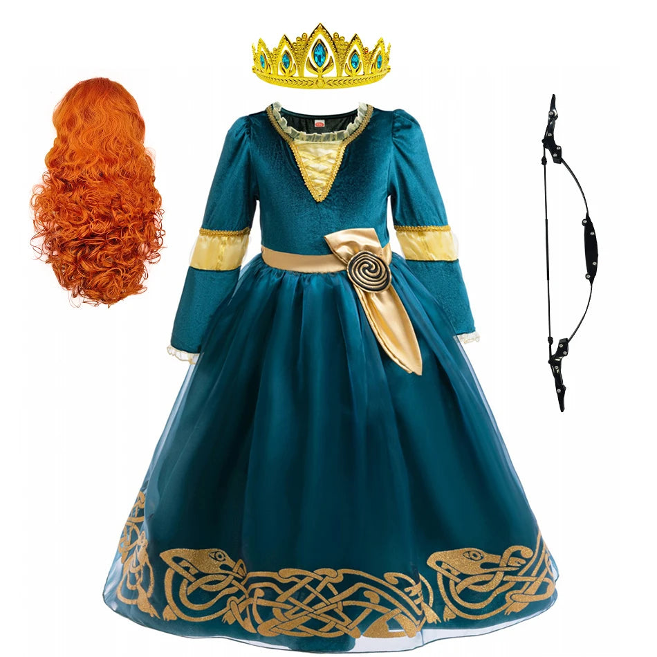 2-10Y Kid Girls Merida Cosplay Princess Stage Performance Dress
