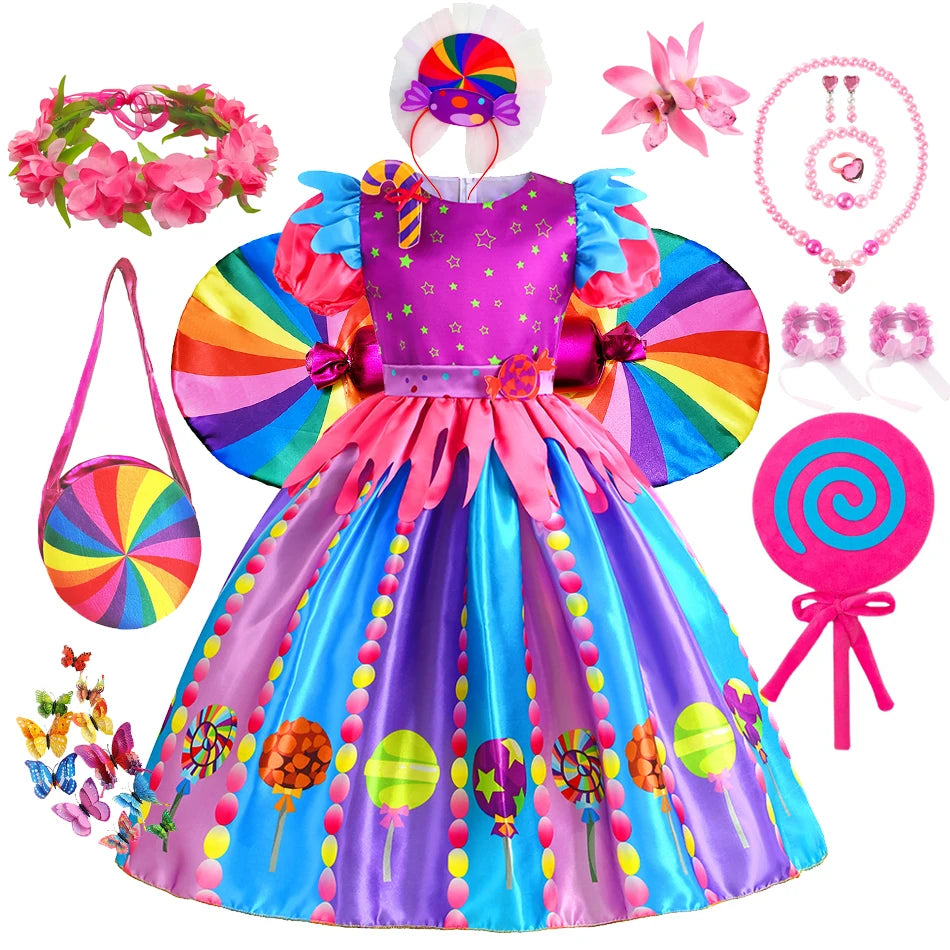 2-9Y Kid Baby Girl Rainbow Candy Costume Cosplay Lollipop Princess Dress