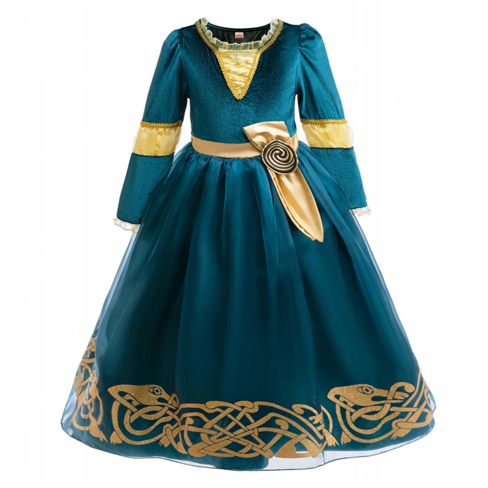 2-10Y Kid Girls Merida Cosplay Princess Stage Performance Dress