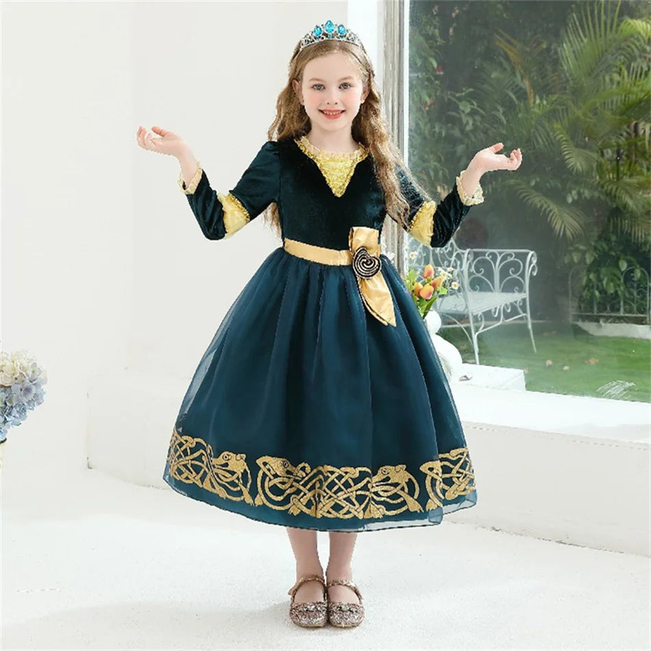 2-10Y Kid Girls Merida Cosplay Princess Stage Performance Dress