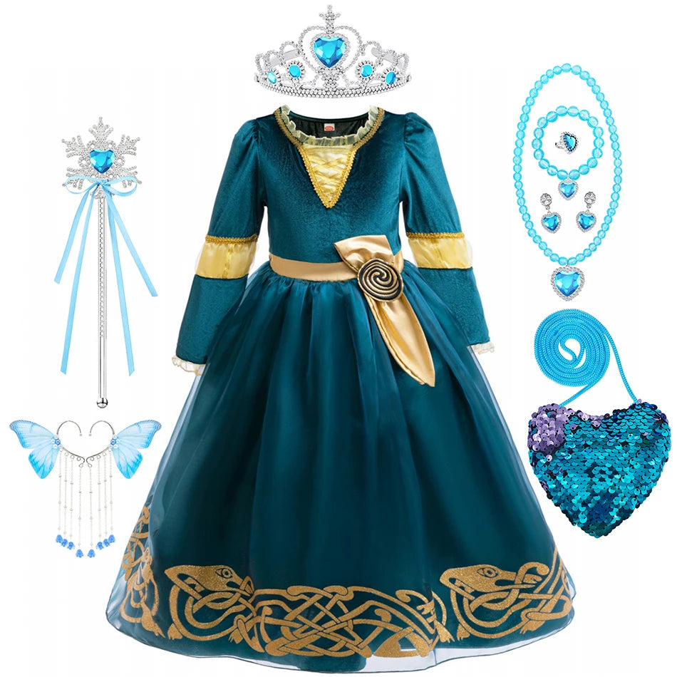 2-10Y Kid Girls Merida Cosplay Princess Stage Performance Dress