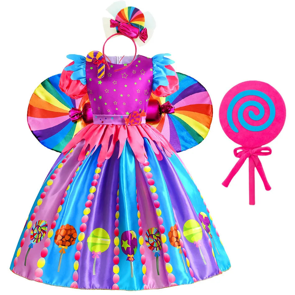 2-9Y Kid Baby Girl Rainbow Candy Costume Cosplay Lollipop Princess Dress